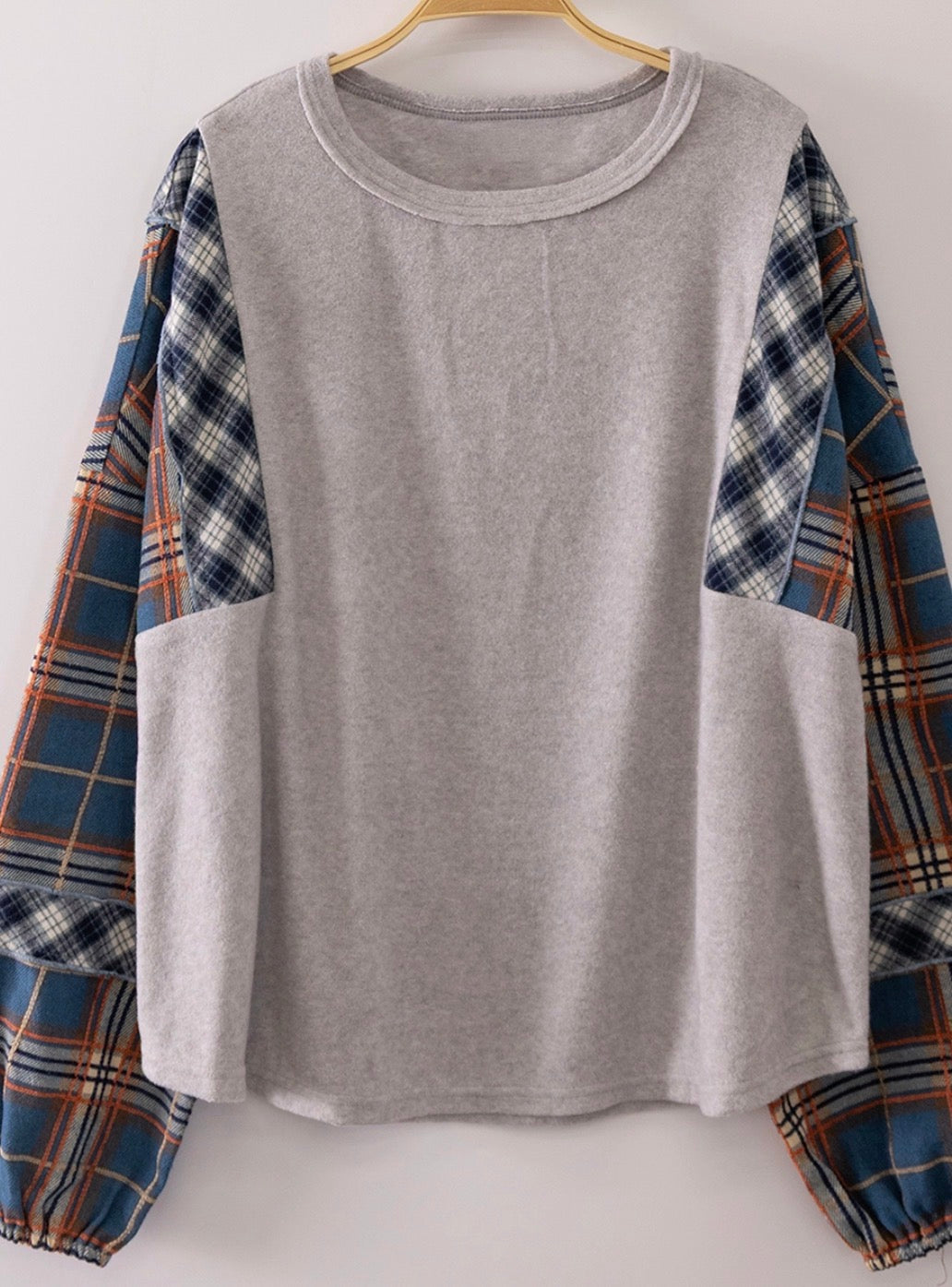 Grey long sleeve tee with plaid sleeves