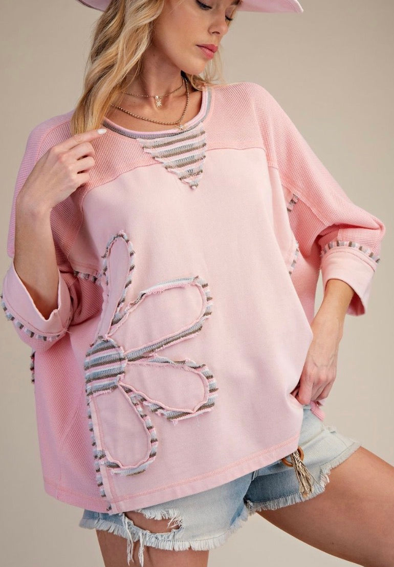 Pink loose fit top with striped daisy (available up to XXL/2X)