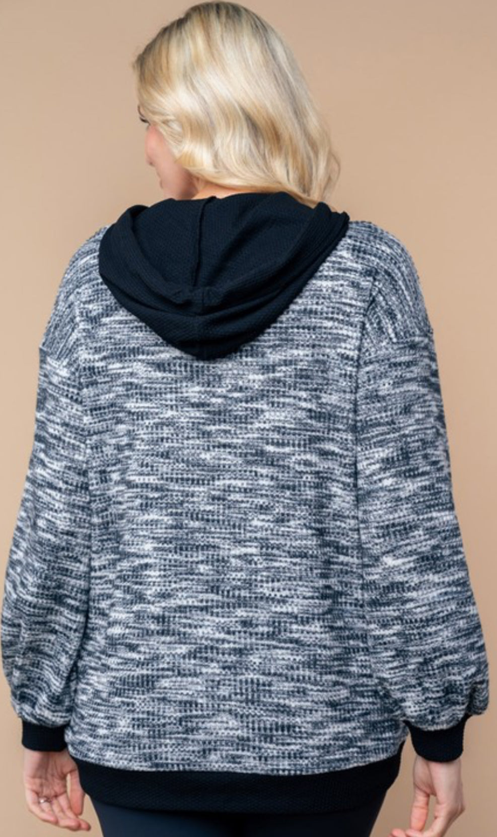 Black/white soft knit loose fit hoodie with black trim (also available in plus size)