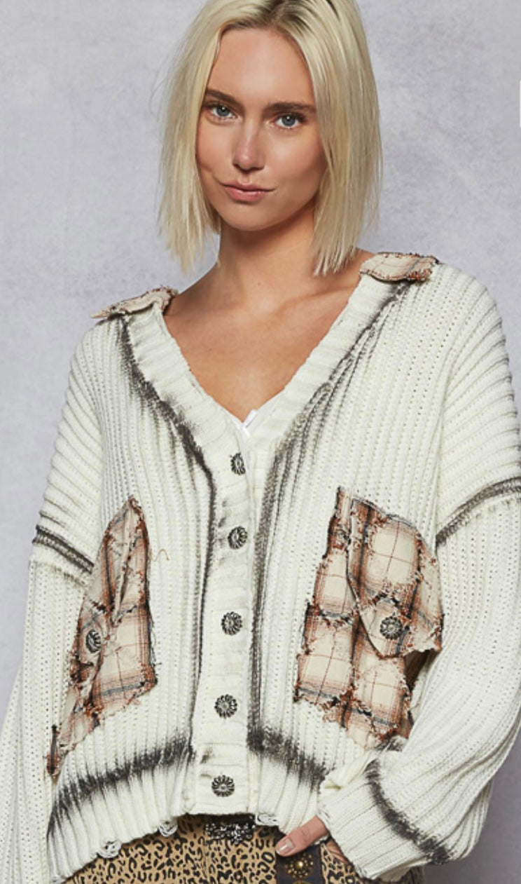 Ivory relaxed fit sweater knit cardigan with plaid patches
