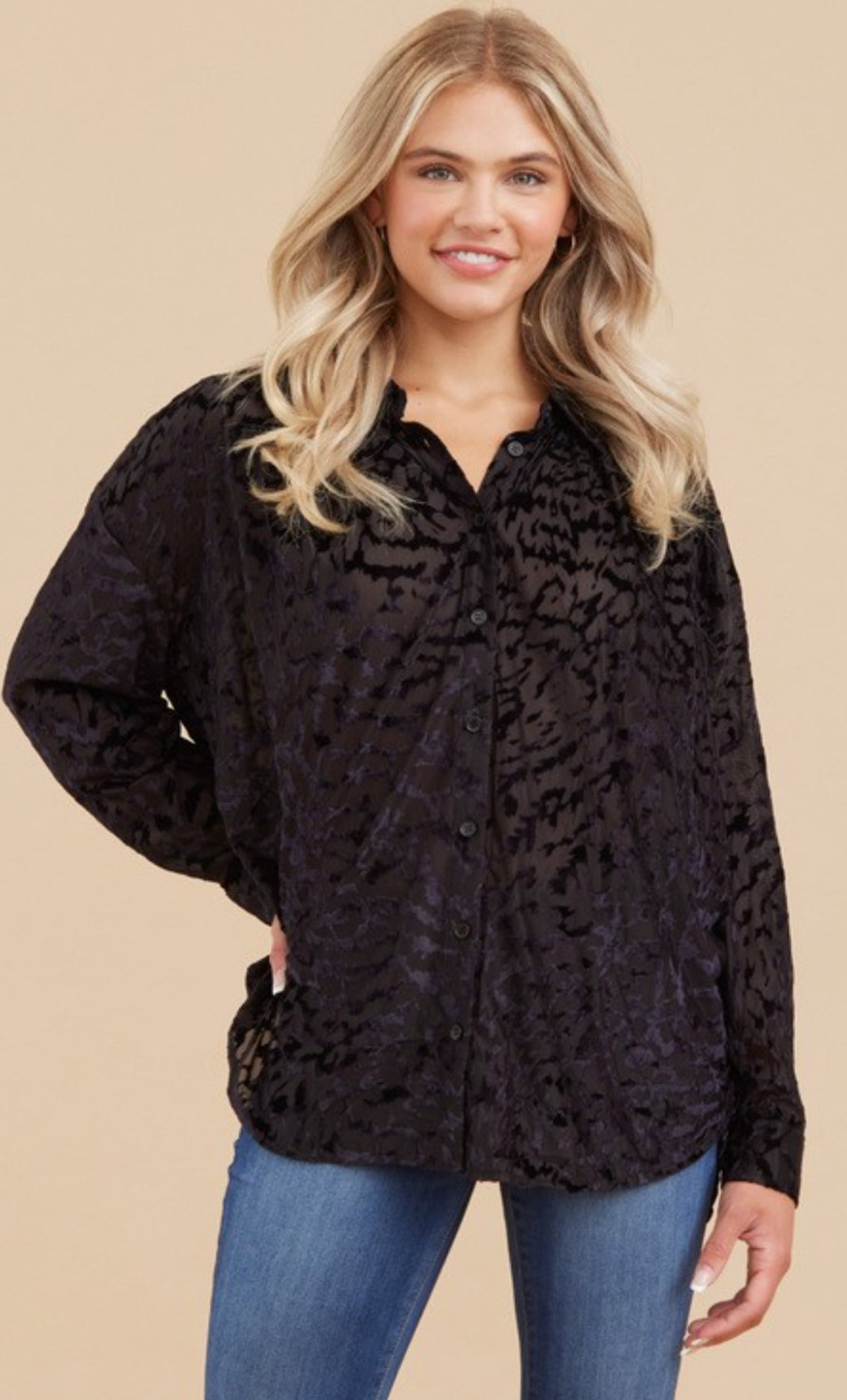 Black animal burnout button down blouse