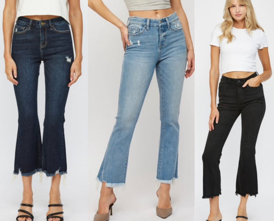 8TH RESTOCK! BEST SELLER Mica Stretch crop flare jeans with fray bottom in medium wash and black (mid/high rise)Other colors/styles available in separate listings on website