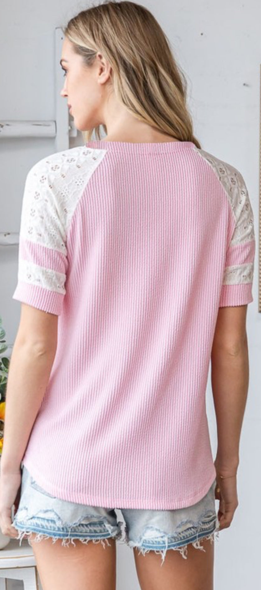 Pink ribbed top with lace sleeve detail, available up to XL
