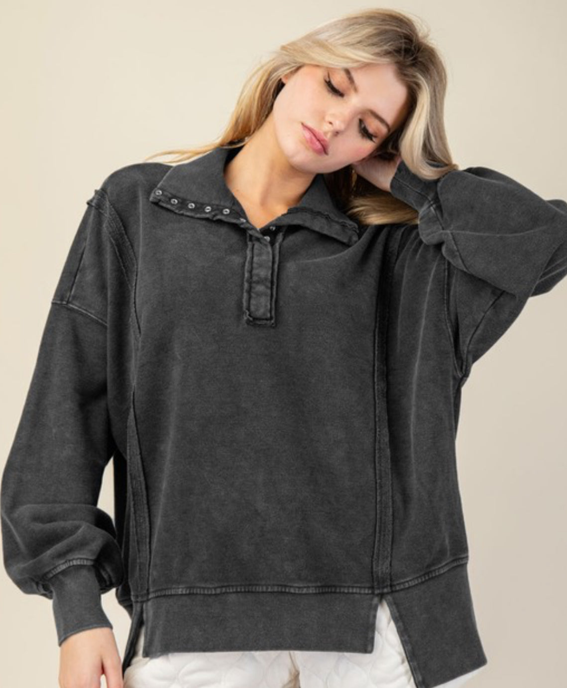 Oversized soft fleece snap front sweatshirts (also available in plus size)