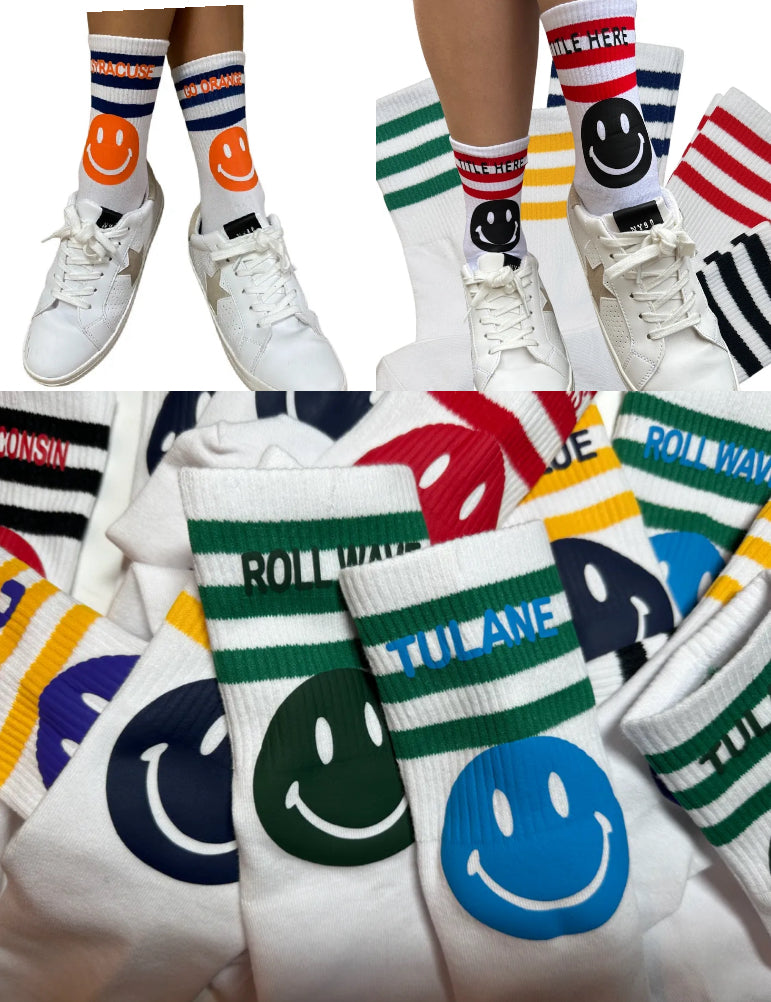 In stock & Custom order stripe and smile socks (can order for ANY camp, school, team and smiley can be swapped out for any other design) GREAT FOR GIFTS!