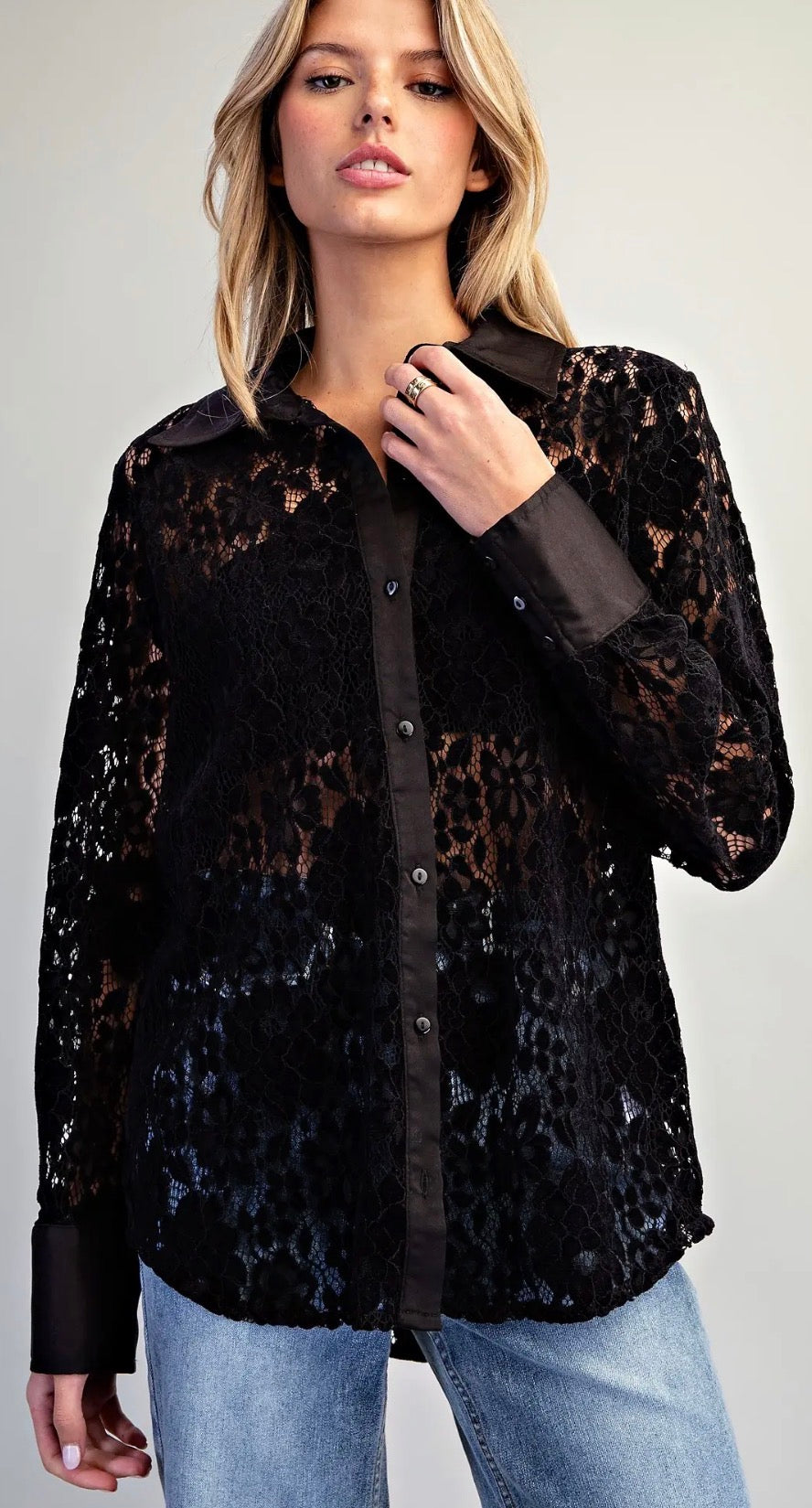 PREORDER NOW, Arriving Wednesday…Black lace button down blouse