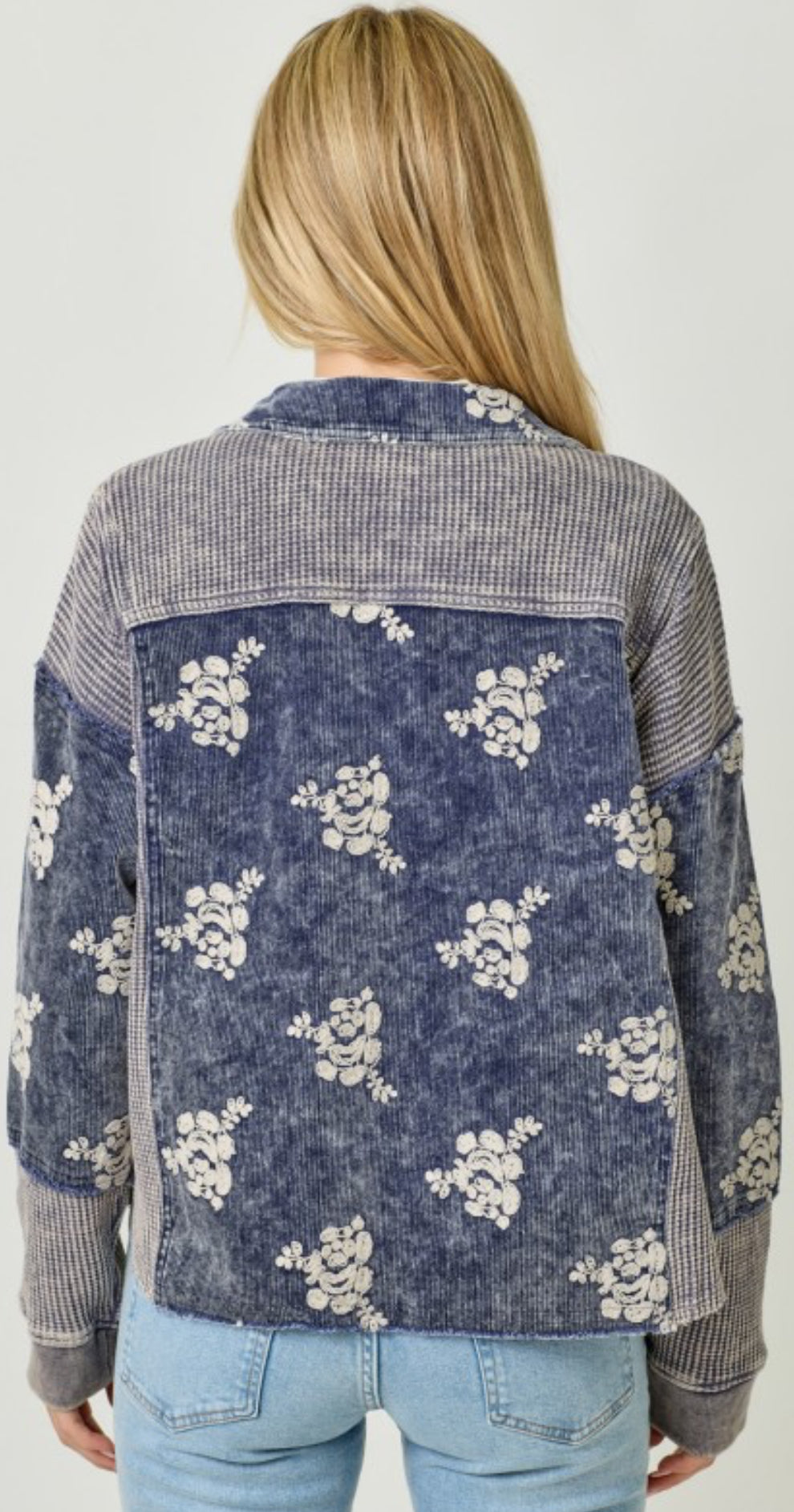 Blue cord/waffle mix jacket with floral embroidery