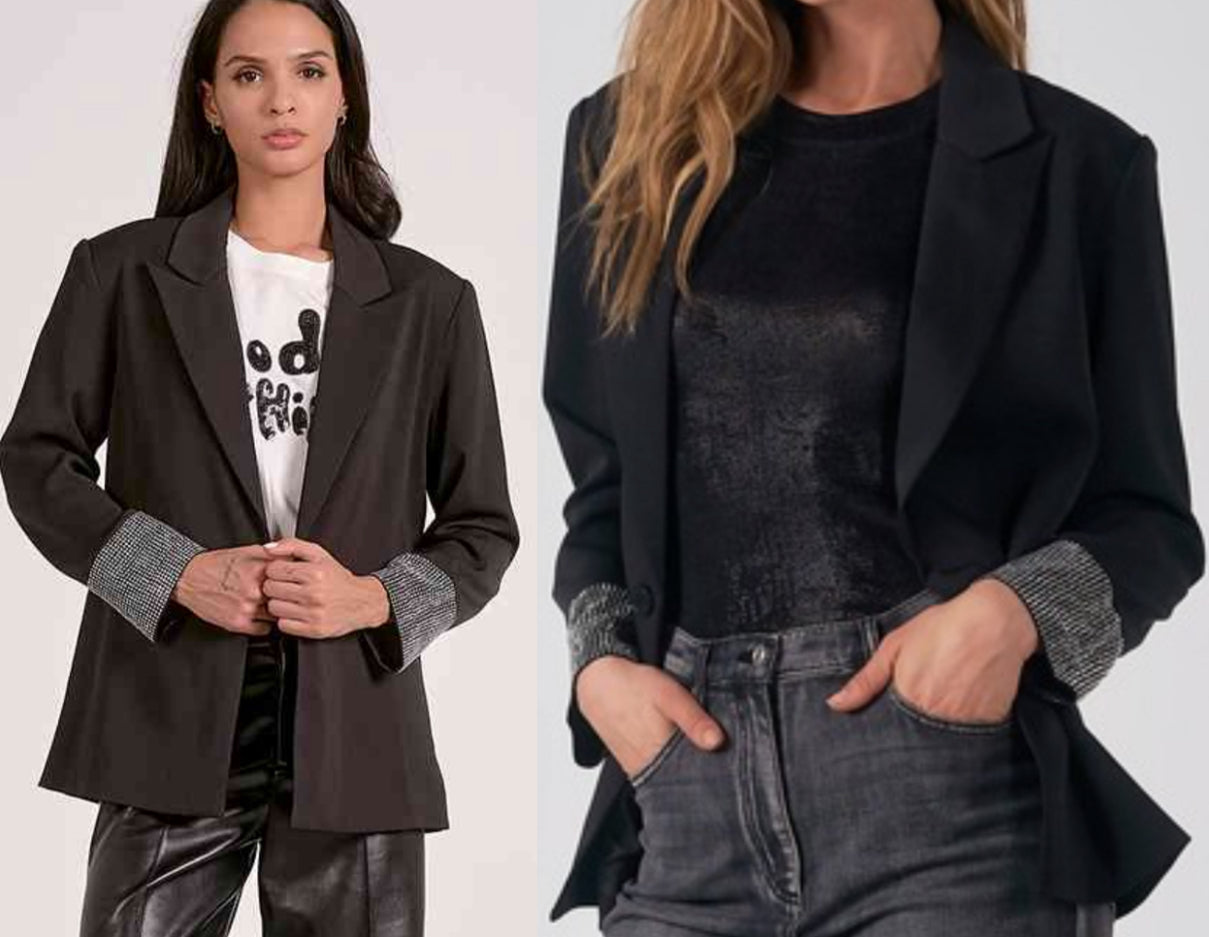 Elan black blazer with clear rhinestone cuffs