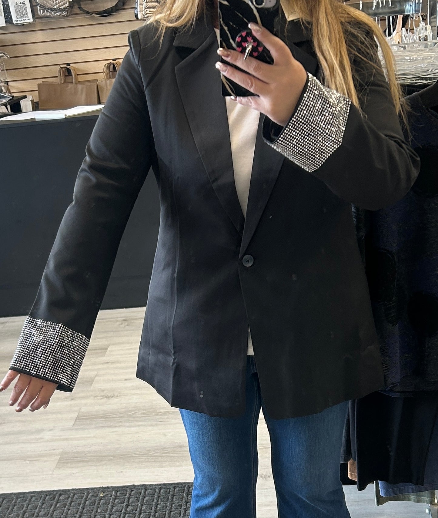 Elan black blazer with clear rhinestone cuffs