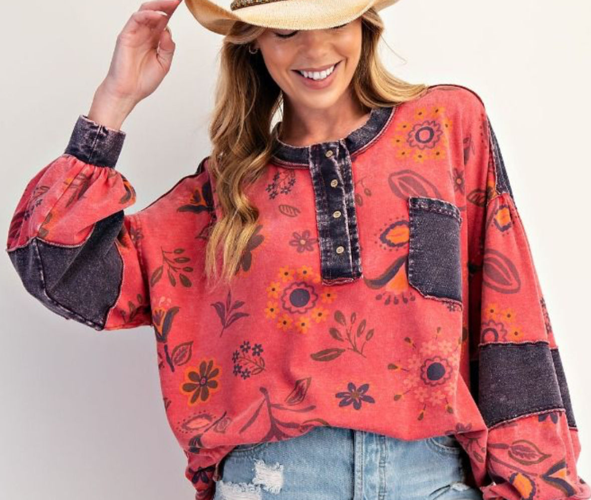 Boho red floral henley with denim trim