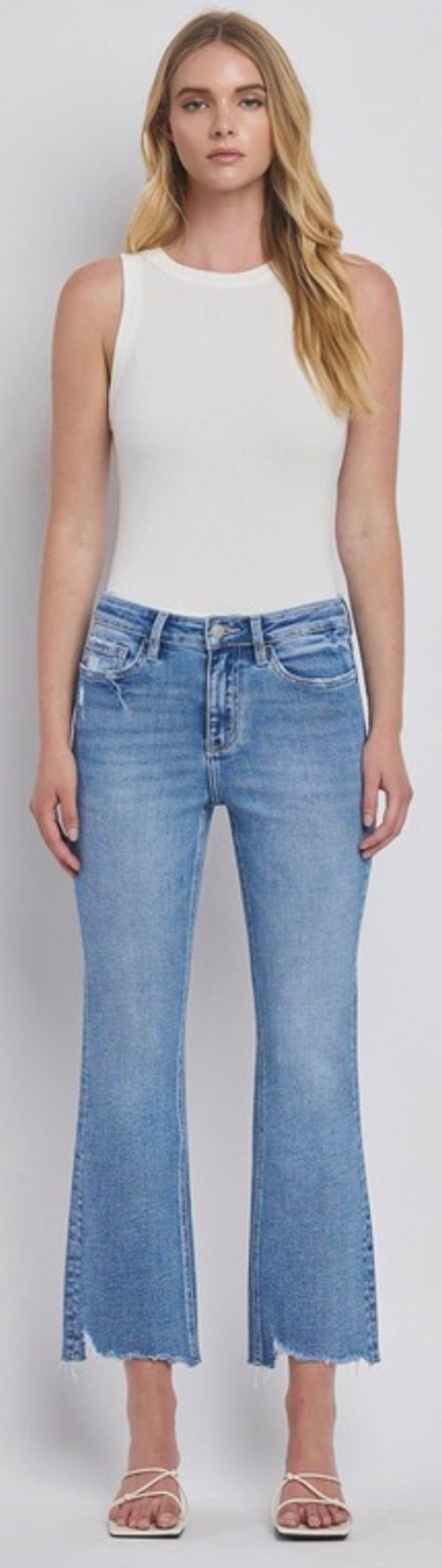 Flying Monkey high rise kick flare with stretch in mid wash