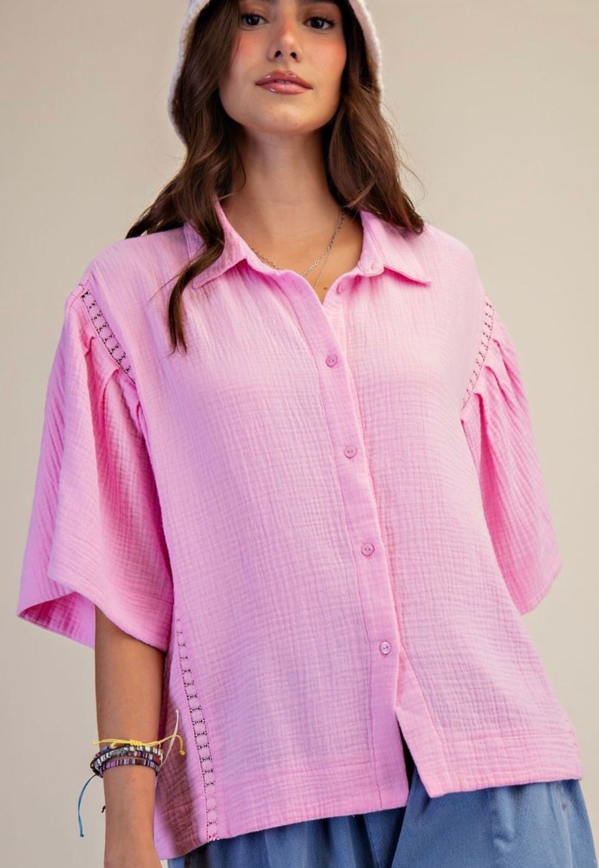 Pink loose fit blouse with eyelet detail
