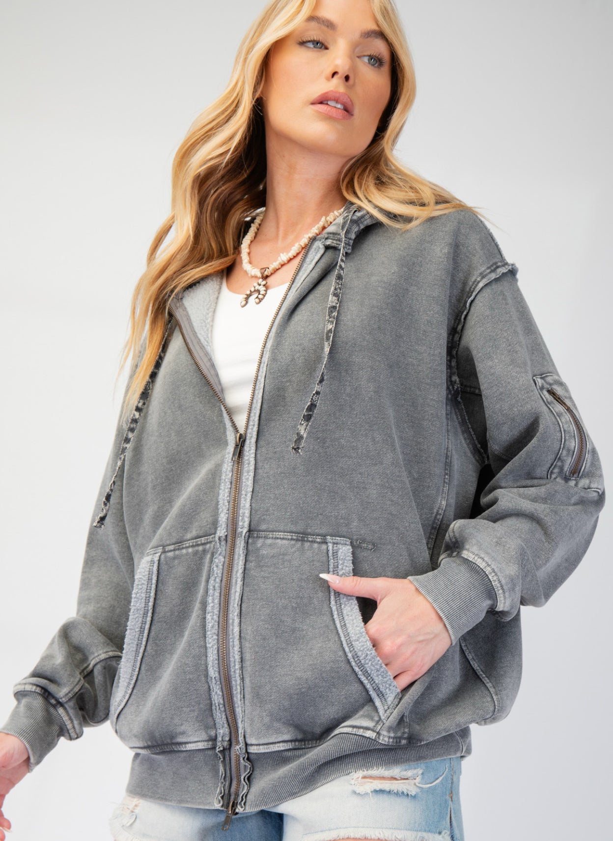 Grey soft zip hoodie with pockets
