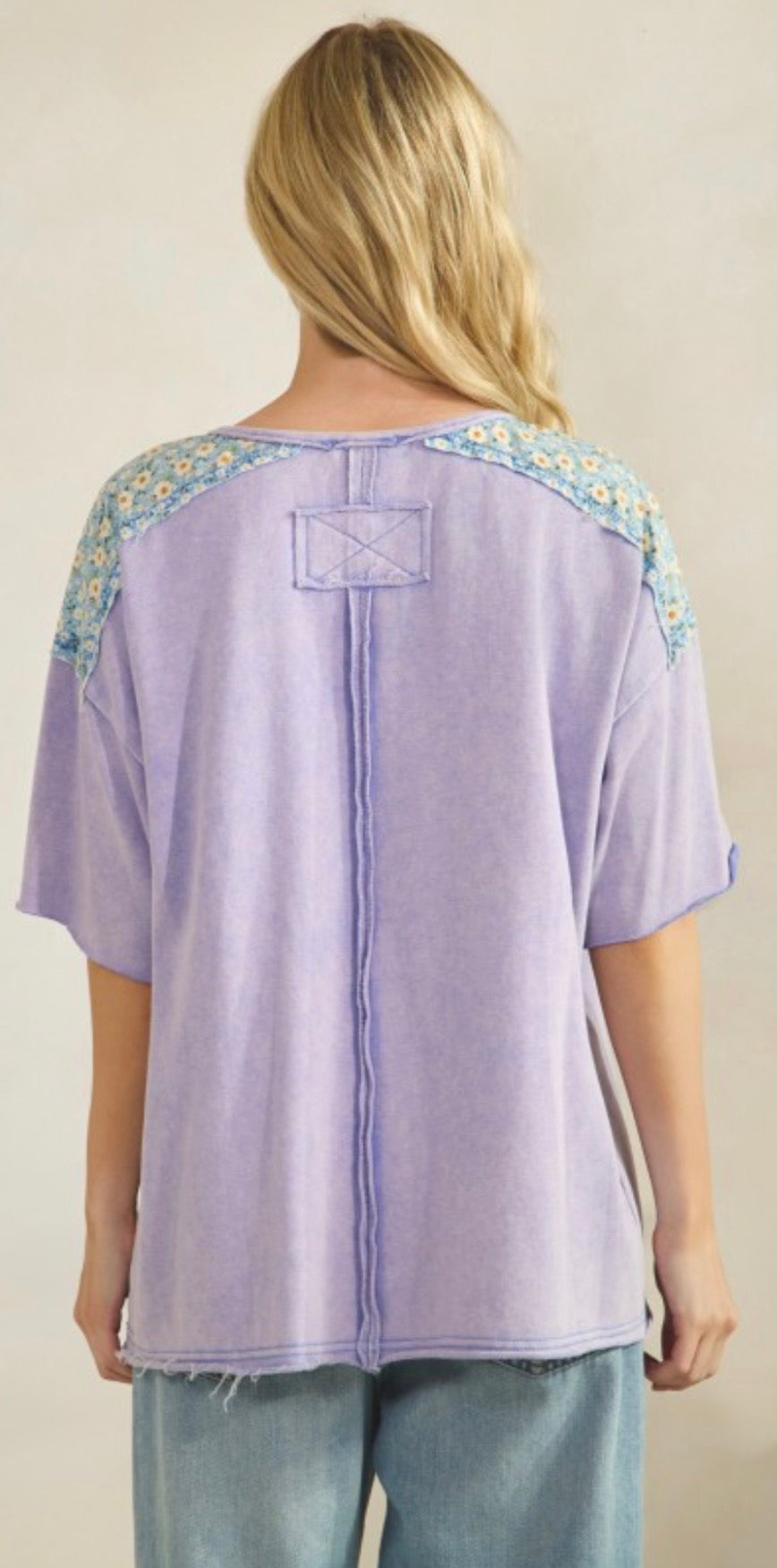 Lilac top with floral pocket and shoulders