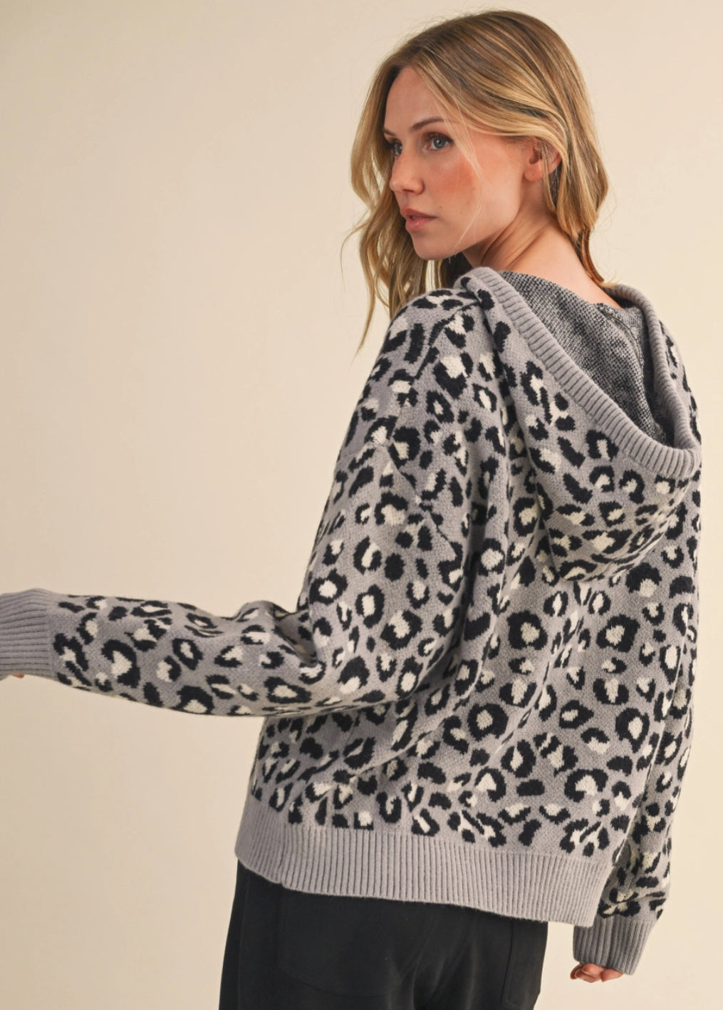 Grey leopard soft knit hoodie