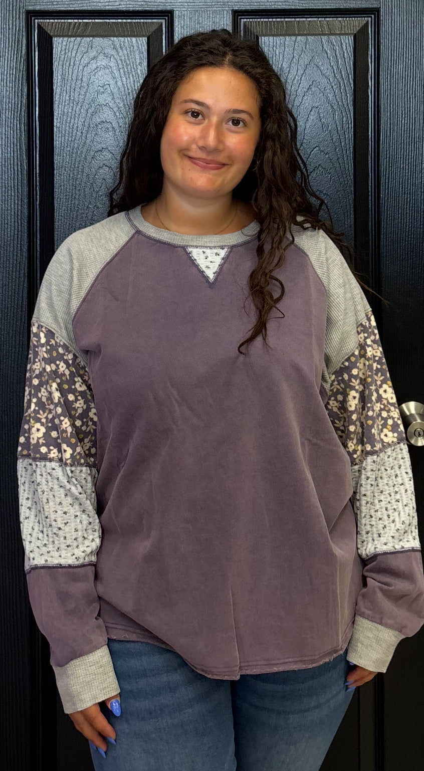 Purple sweatshirt with mixed floral inserts