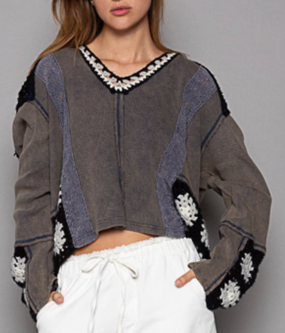 PREORDER NOW, RESTOCKING Friday…Navy/black loose fit hoodie with crochet inserts BEST SELLER!