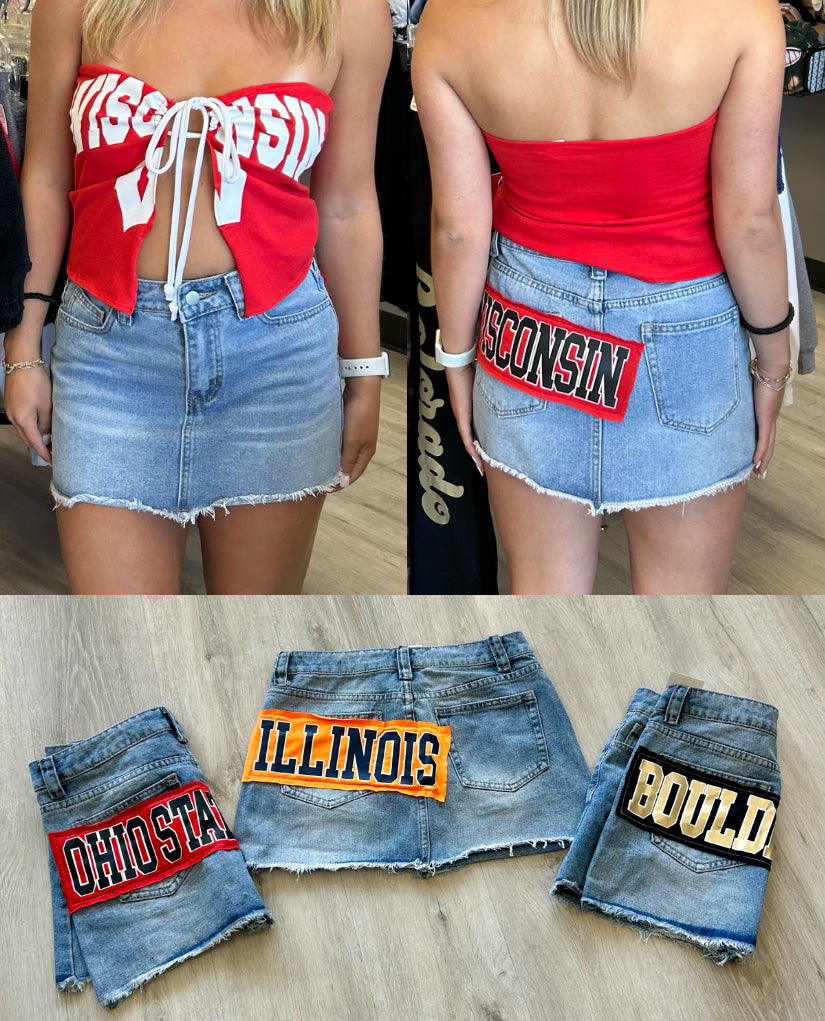 IN STOCK & Custom denim skirt with patch (order for ANY school or camp and tube top sold separately on our website)