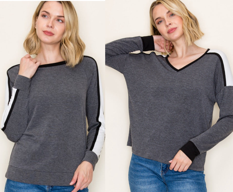 Grey top with sleeve stripes, available in crew or v neck