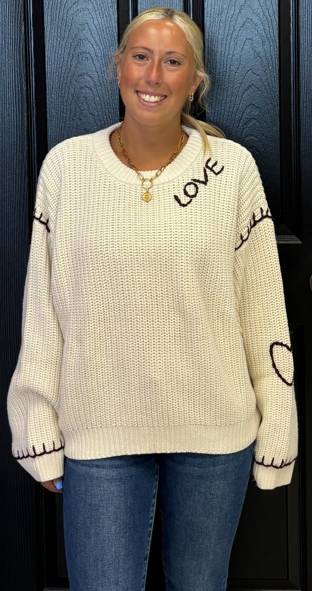 Vintage Havana ivory love sweater with black stitching