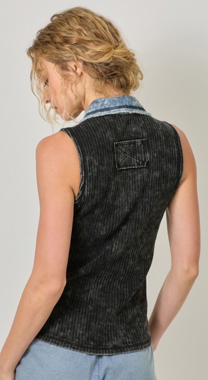 Soft thermal rib button down tanks with denim trim