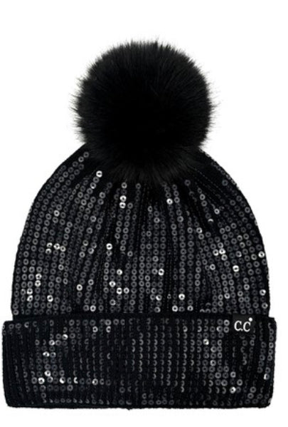CC pom beanies with clear sequin overlay