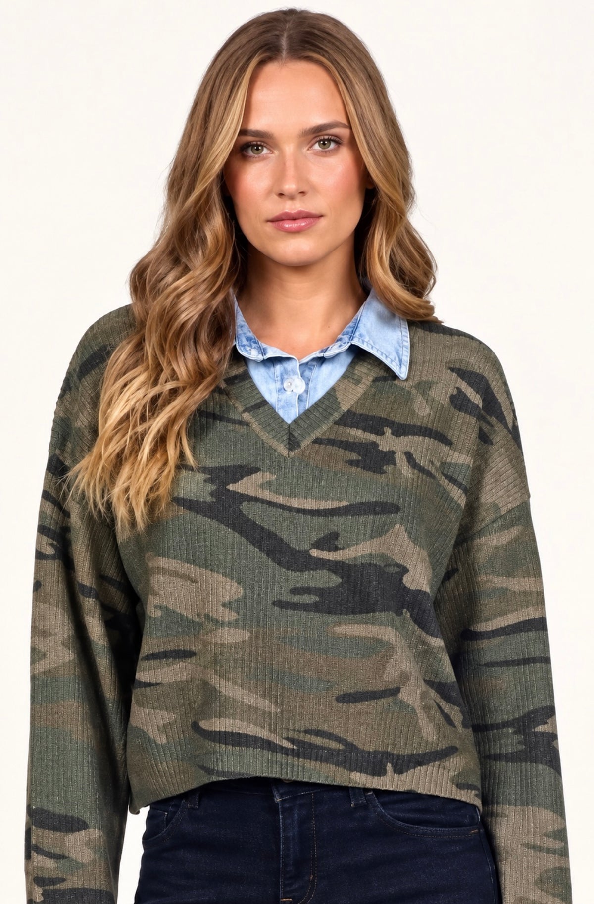 Vintage Havana camo sweater with attached denim collar