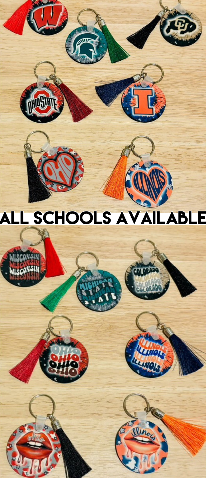 Custom keychains (double sided and available to order for ALL schools) GREAT GIFT IDEA!!!