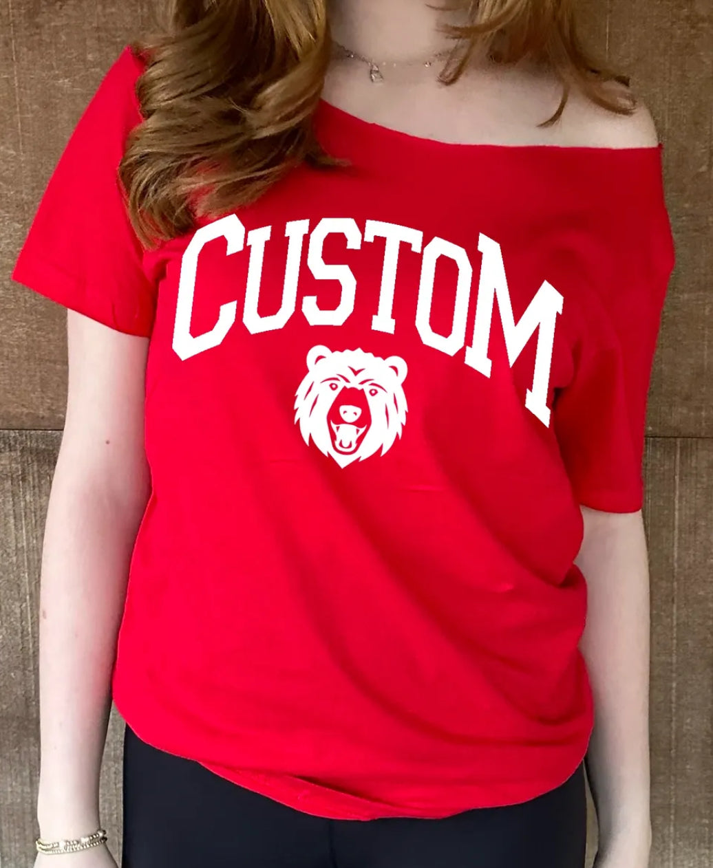 Custom cut shoulder tee (order for ALL schools and see many more college items by clicking college tab upper left corner)