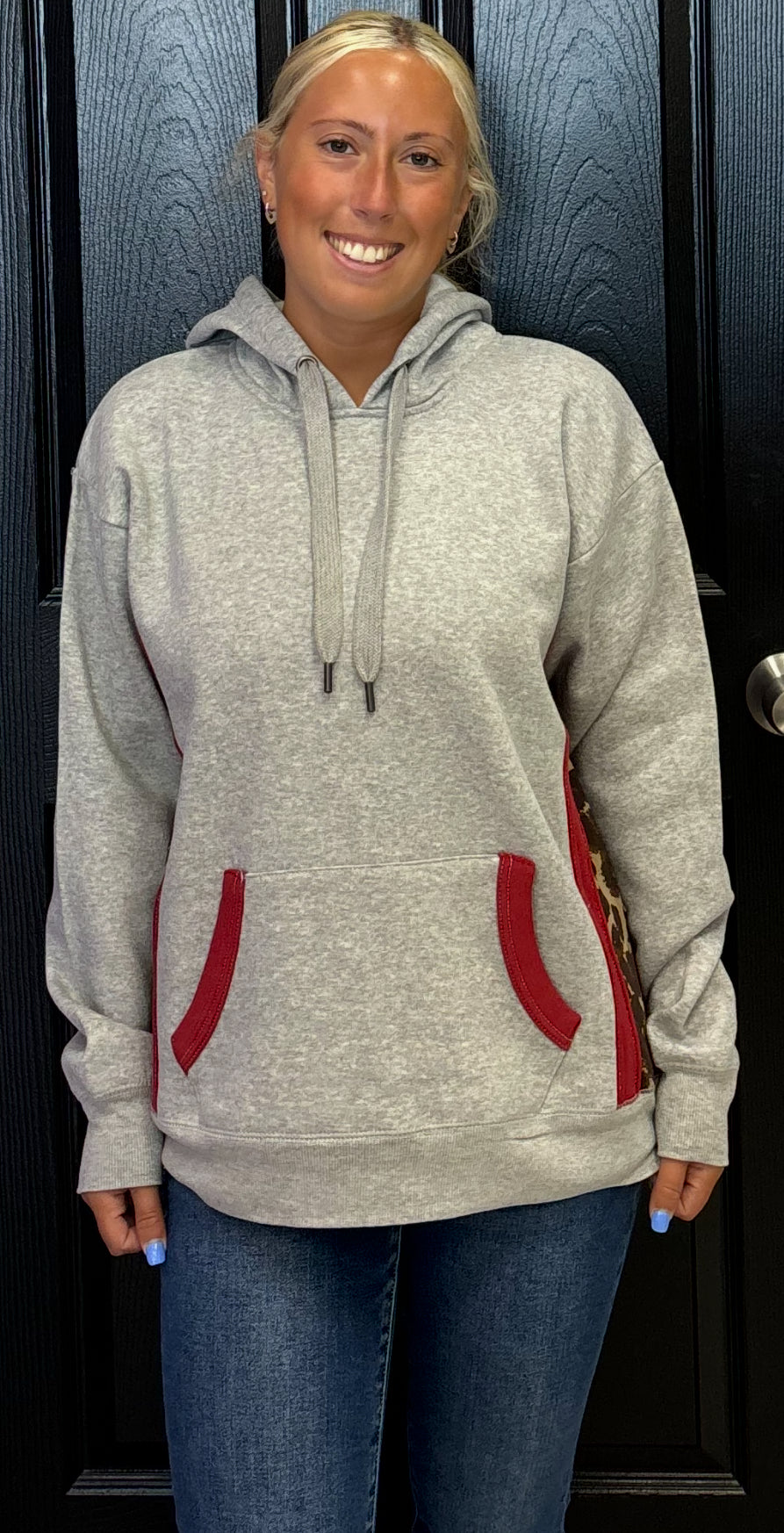 Vintage Havana grey soft hoodie with leopard and red trim