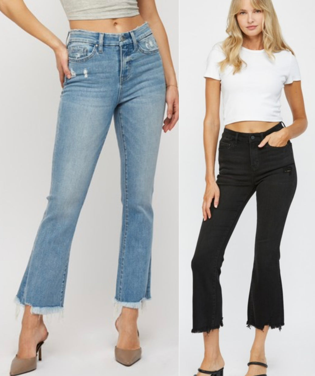 8TH RESTOCK! BEST SELLER Mica Stretch crop flare jeans with fray bottom in medium wash and black (mid/high rise)Other colors/styles available in separate listings on website