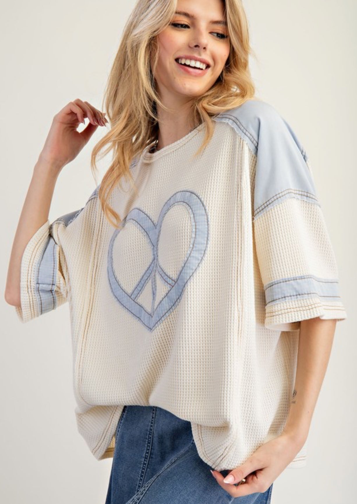 White/blue peace patch thermal knit top, also available in PLUS SIZE