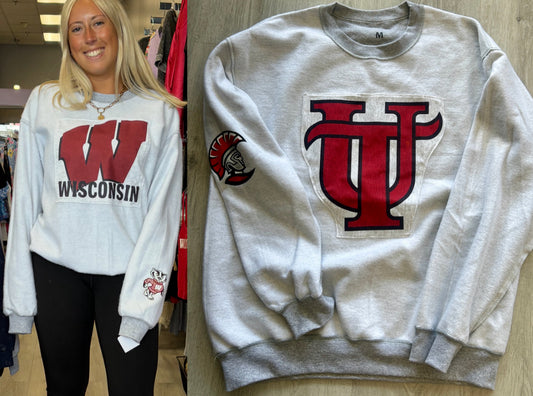 In stock & Custom reverse fleece crew neck sweatshirt with patch front and optional sleeve print on sleeves (can be made full length and ALL SCHOOLS are available to order)
