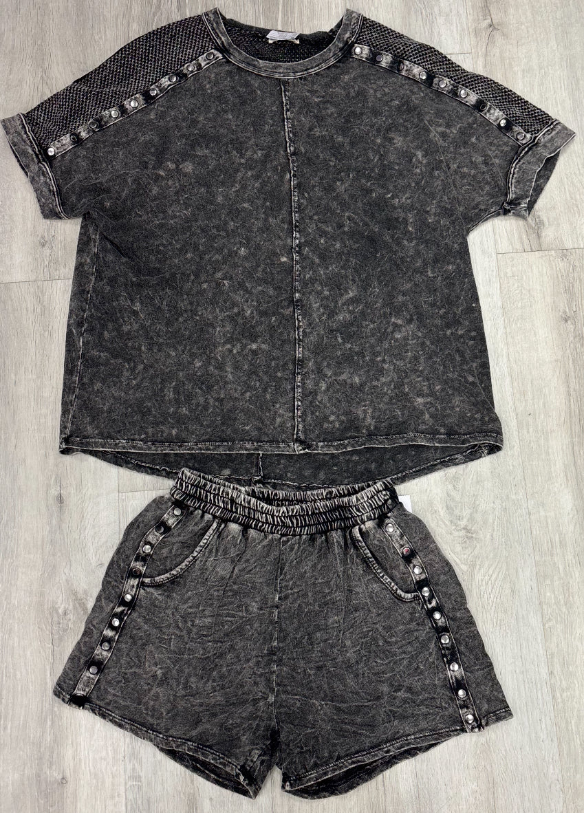 Mineral wash black pull on shorts with studs, see matching tops in separate listings