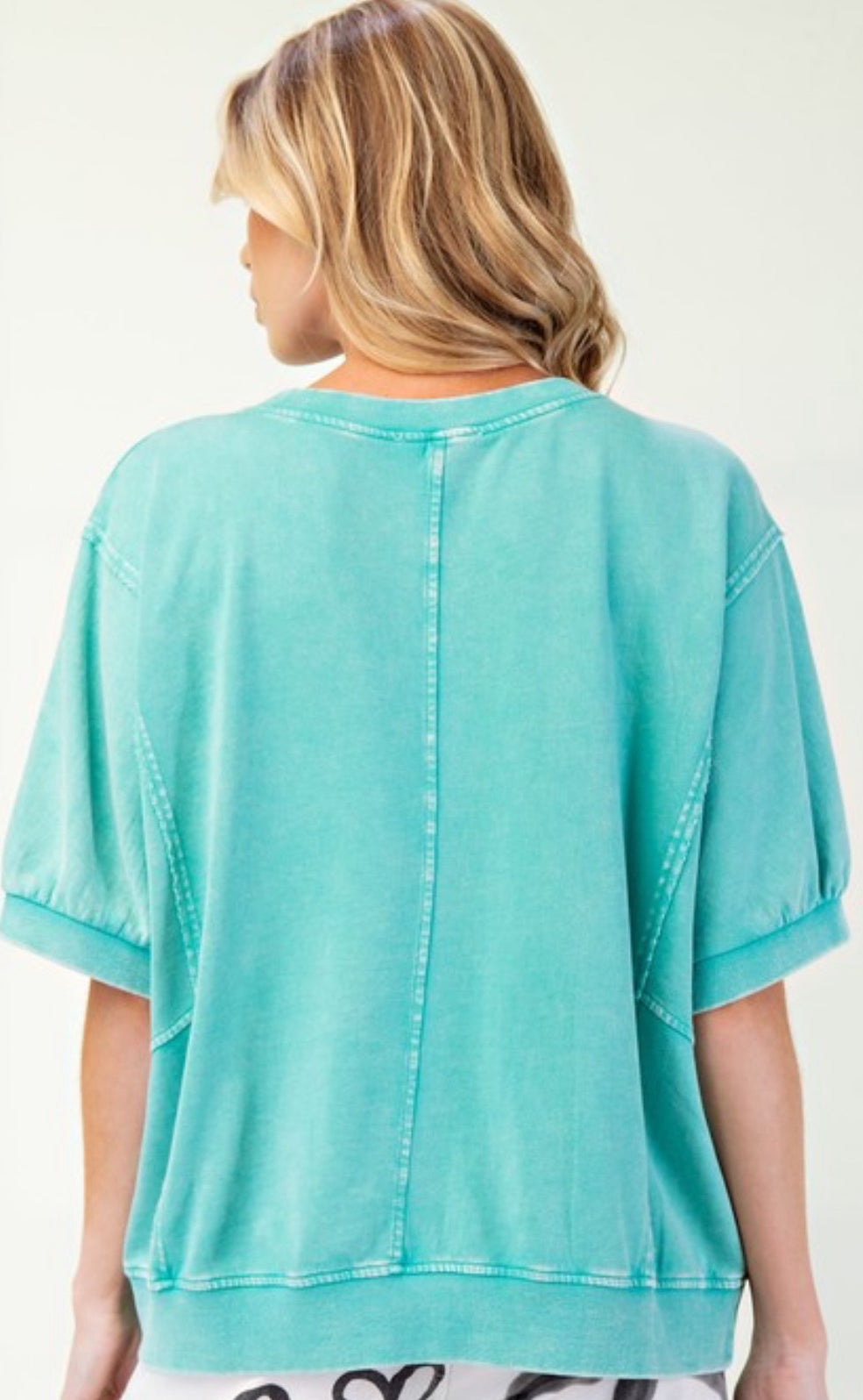 Aqua lightweight short sleeve sweatshirt with tonal flower