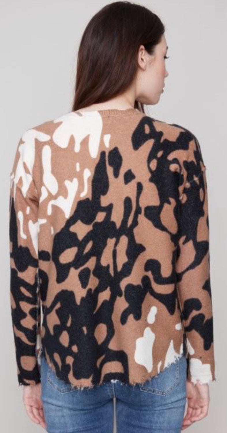 Charlie B leopard tie front soft sweater cardigan and reversible fray bottom sweater