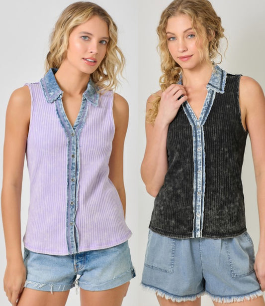 Soft thermal rib button down tanks with denim trim