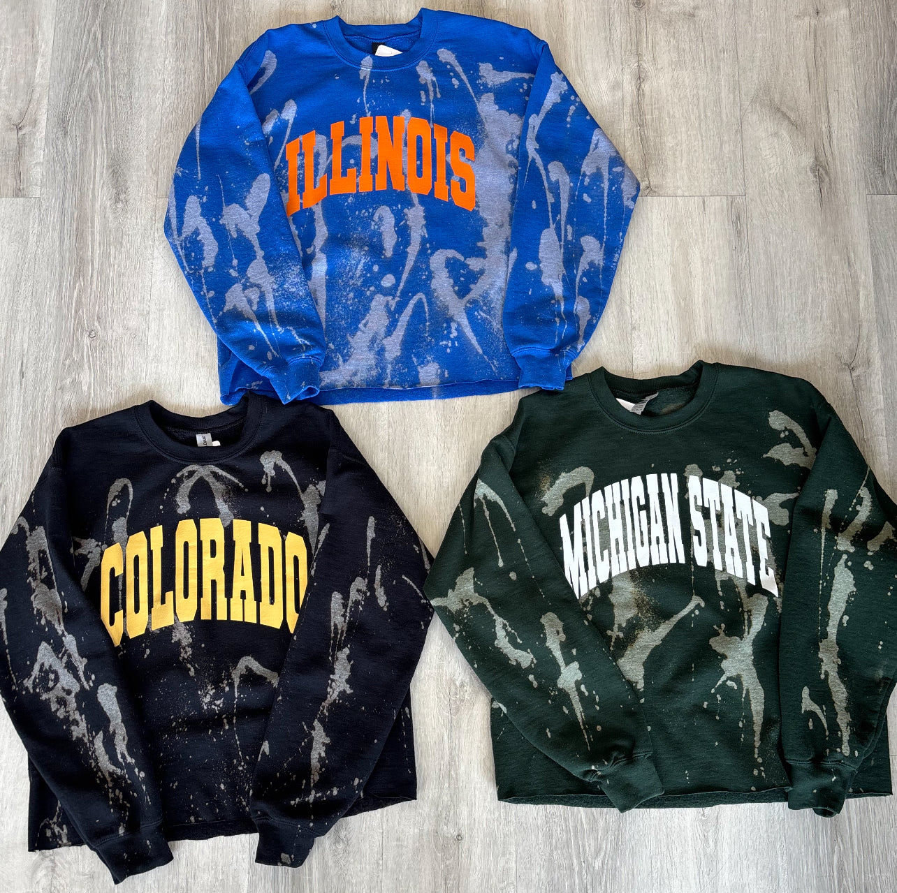 Bleached crew necks (in stock and custom order, ALL schools available)