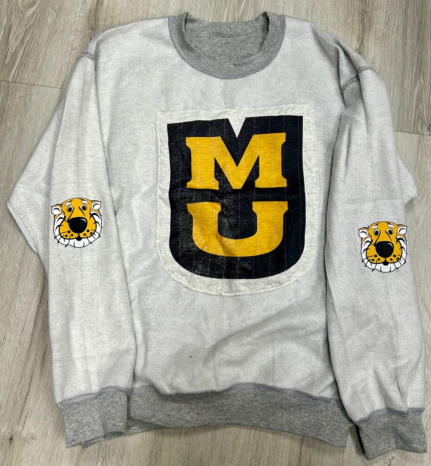 In stock & Custom reverse fleece crew neck sweatshirt with patch front and optional sleeve print on sleeves (can be made full length and ALL SCHOOLS are available to order)