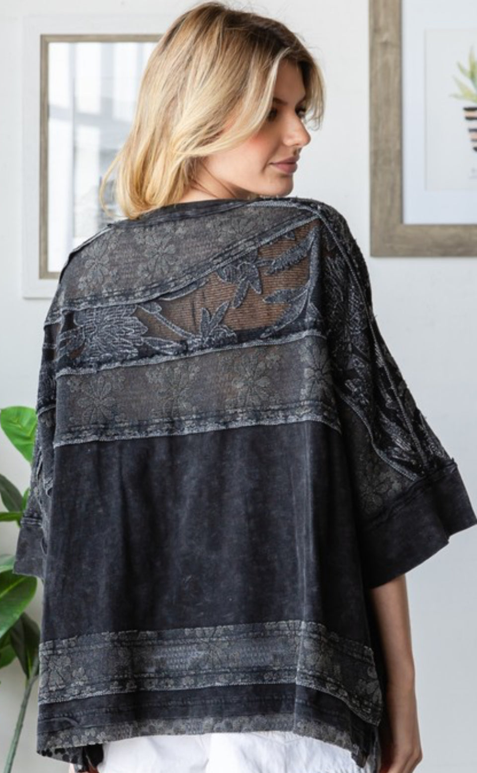 Black washed lace contrast loose fit top (available up to 3X)