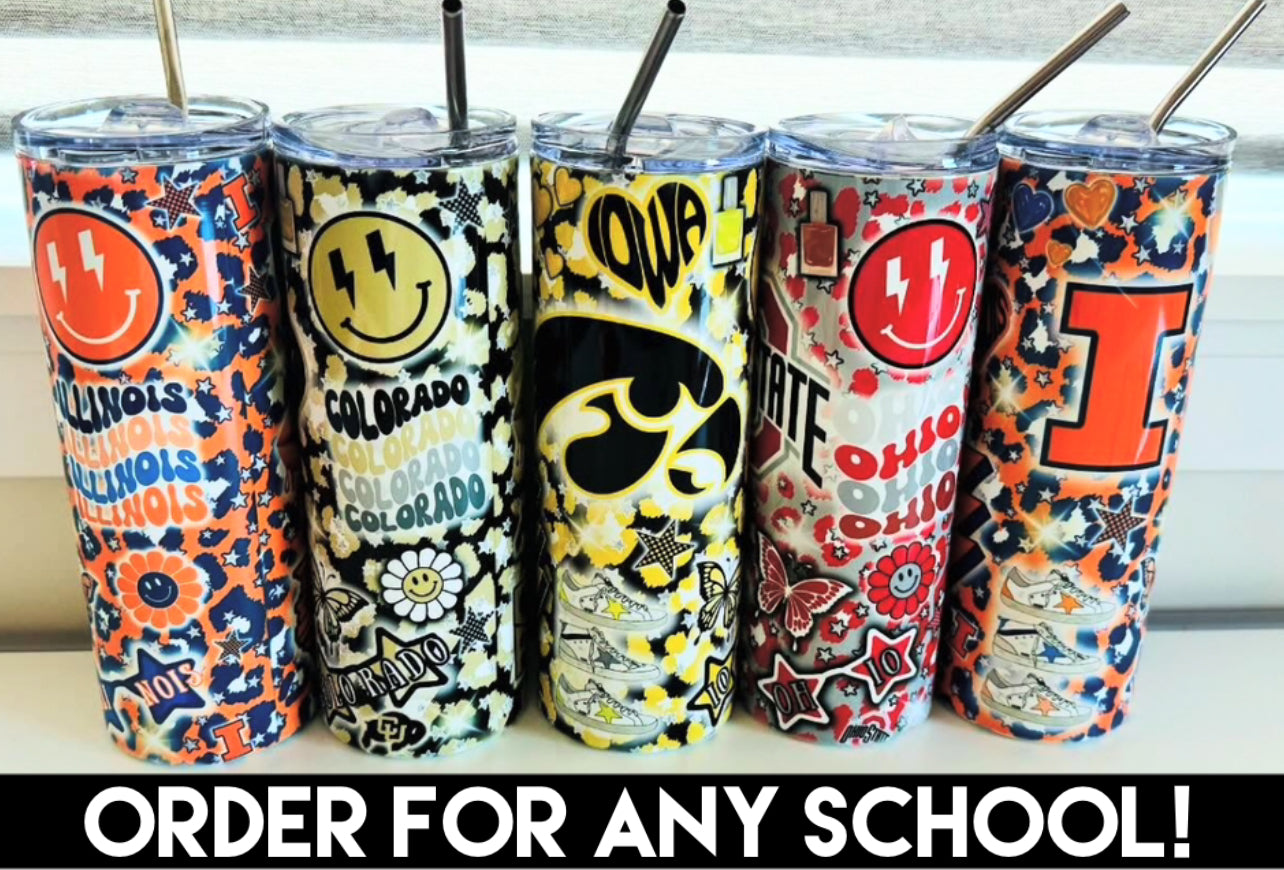 Custom skinny 20oz. tumbler with straw (available to order for ALL SCHOOLS & can also add personalized name) GREAT FOR GRADUATION GIFTS!