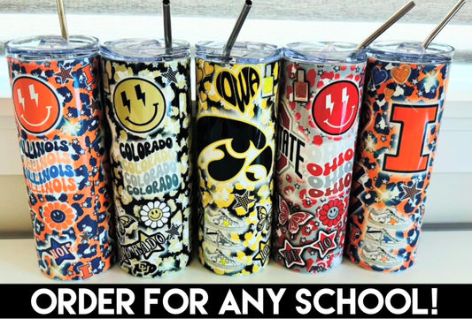 Custom skinny 20oz. tumbler with straw (available to order for ALL SCHOOLS & can also add personalized name) GREAT FOR GRADUATION GIFTS!