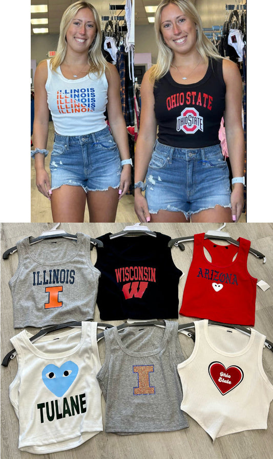 Custom college rib crop stretch tank (can change design…see pics…and make for ALL schools or camps)