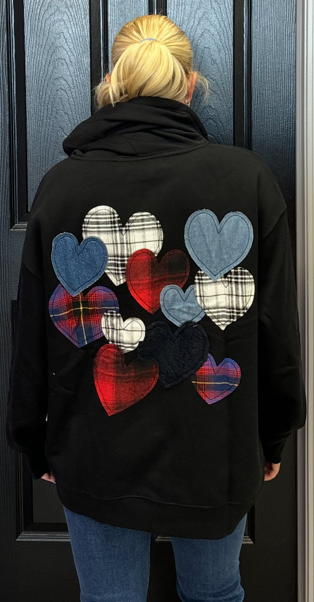BACK IN STOCK ! Vintage Havana loose fit black fleece zip with patchwork hearts on back