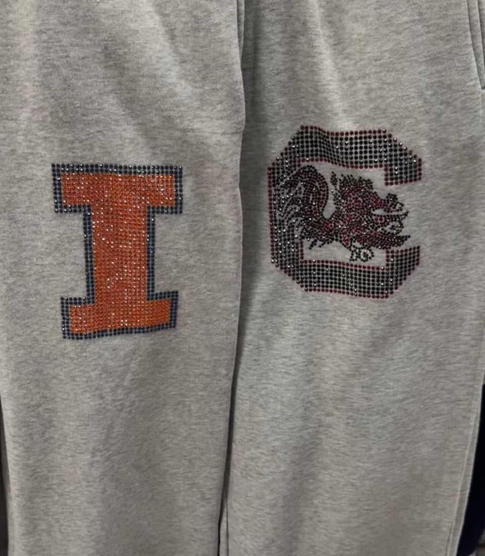 Custom & in stock bling wide leg sweats with crystals (most schools are available to order)