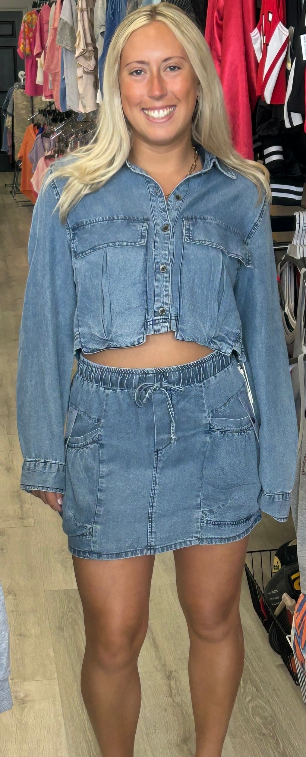 Vintage Havana soft, lightweight tencel denim cargo skirt and cropped blouse (sold separately)
