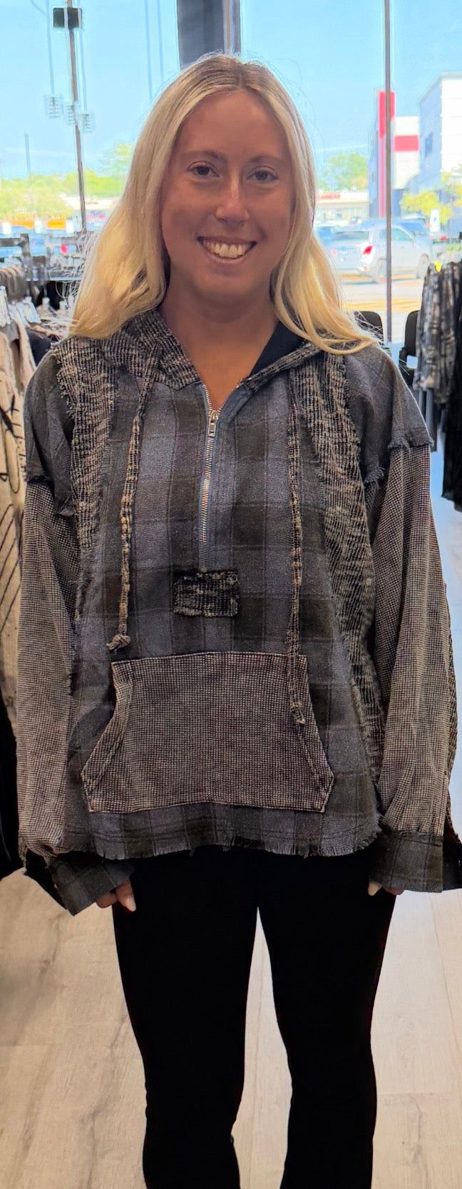 Blue plaid loose fit hi/lo quarter zip hoodie with thermal sleeves
