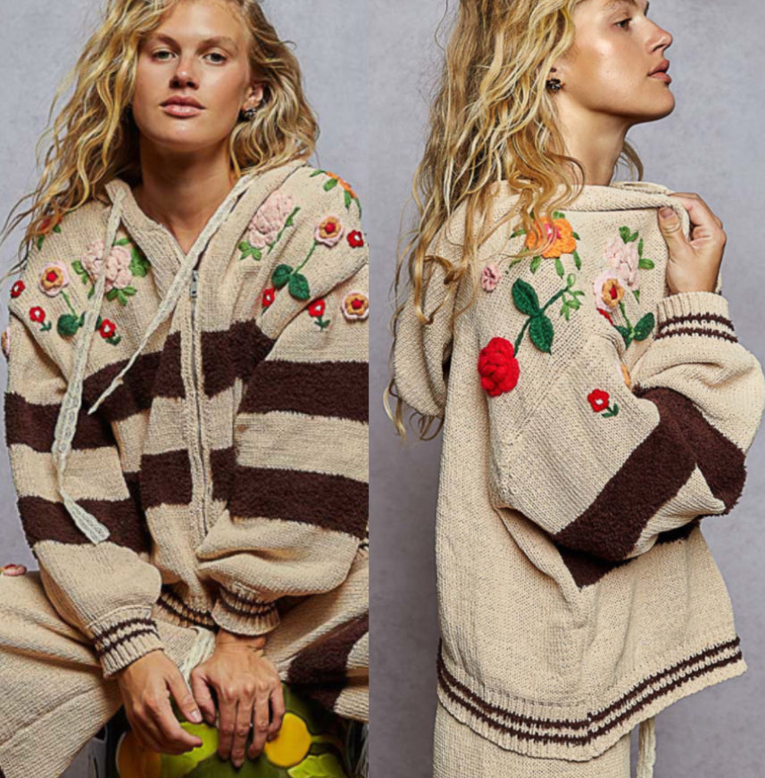 Tan soft knit loose fit zip hoodie with brown stripes and multi floral detail
