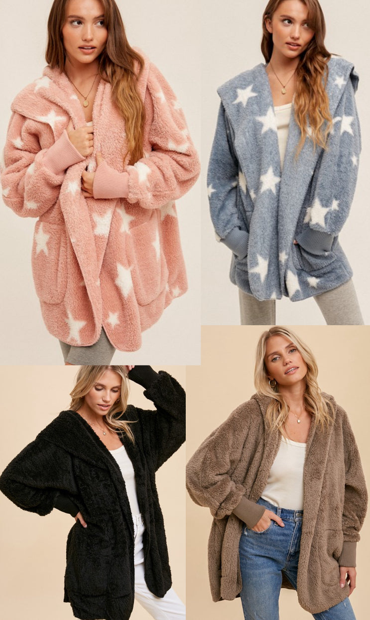 Cozy teddy bear coats, one size fits up to XL! Also great to wear in the house when cold!