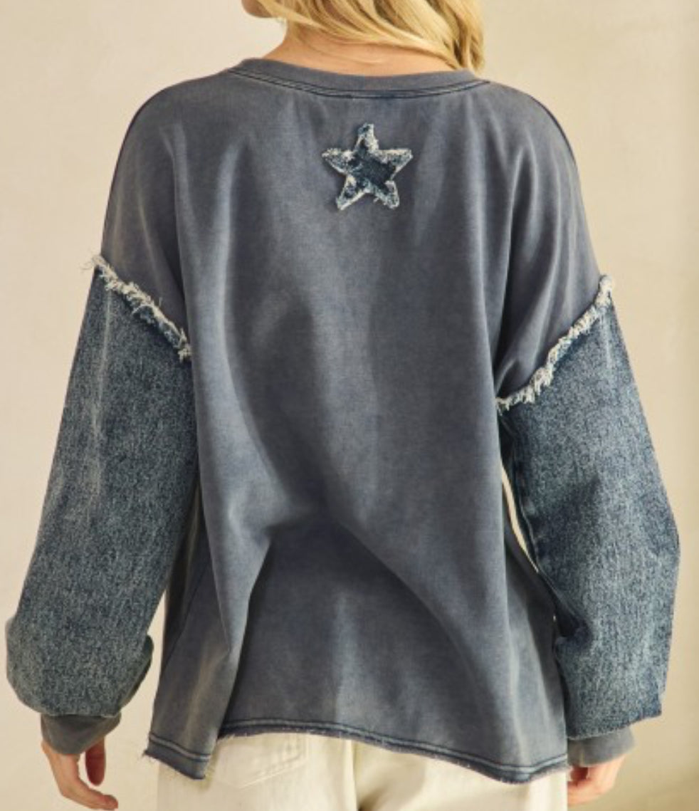 PREORDER NOW, Arriving Friday...Blue top with denim star and sleeves